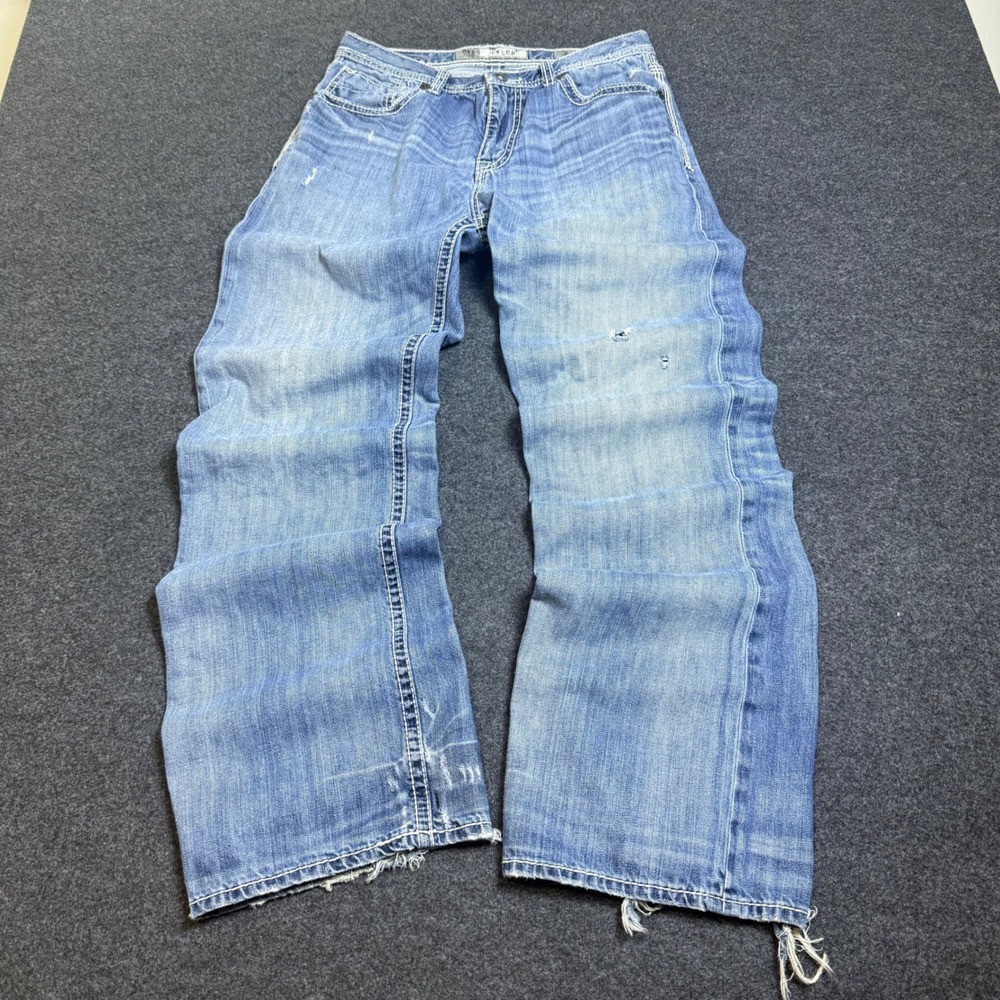 Baggy BKE Tyler Jeans Mens 31x31 Blue Distressed Boot Leg Contrast Stitch Denim